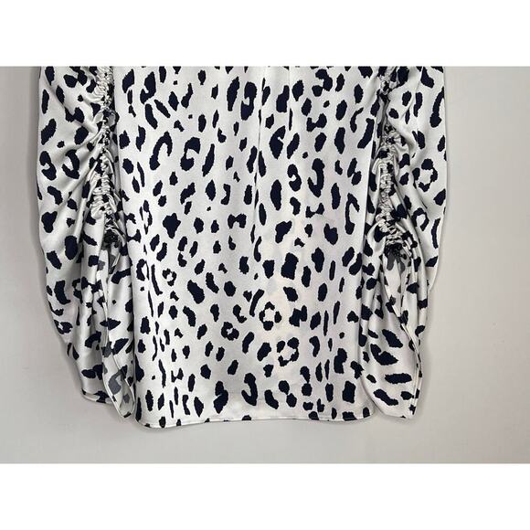 Tibi 100% Silk Leopard Print Ruched Sleeve Blouse Top White/Navy Women's Size 2 - Picture 4 of 9